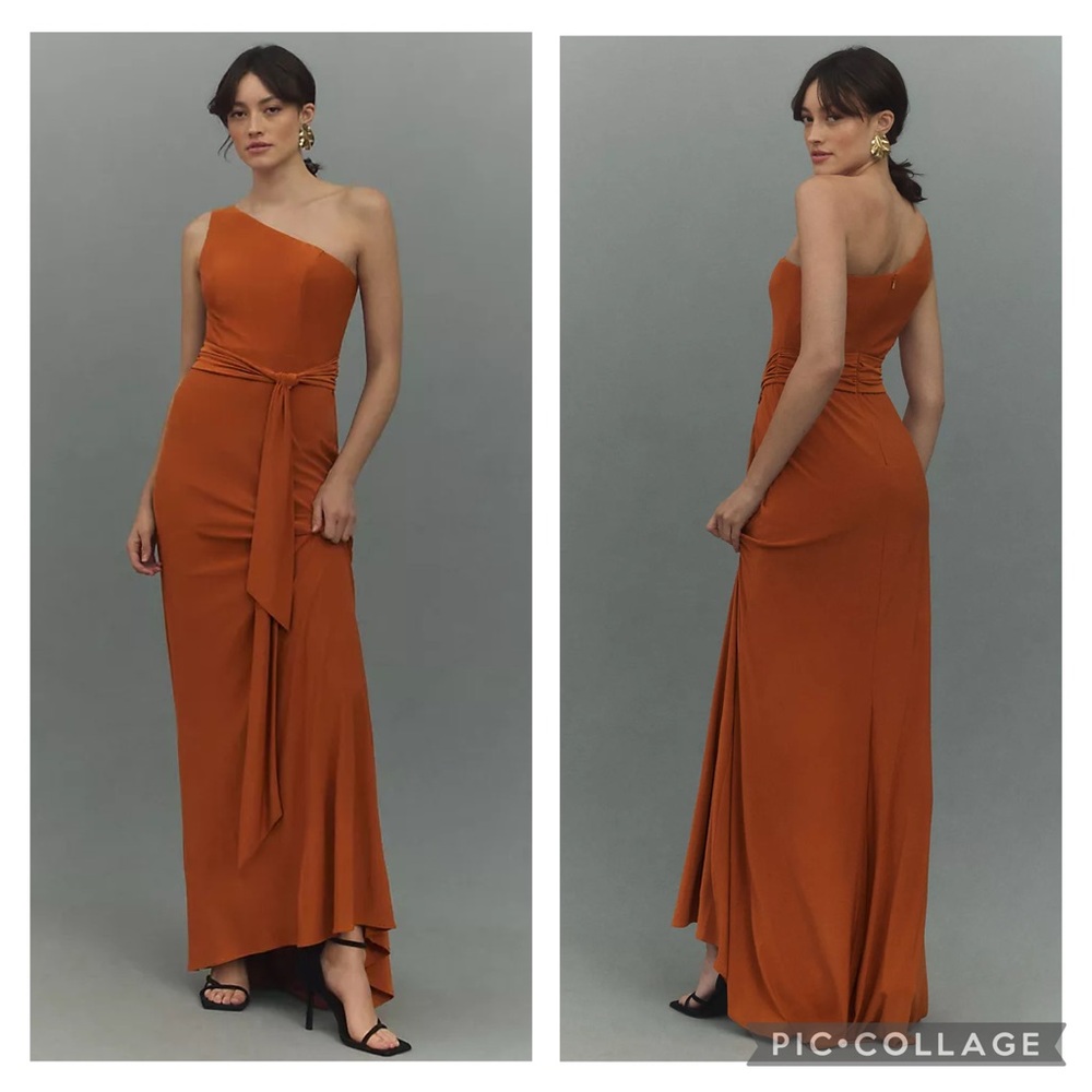 Ieena for Mac Duggal NWT 6 Jersey One Shoulder Belted Trumpet Gown Brown Copper